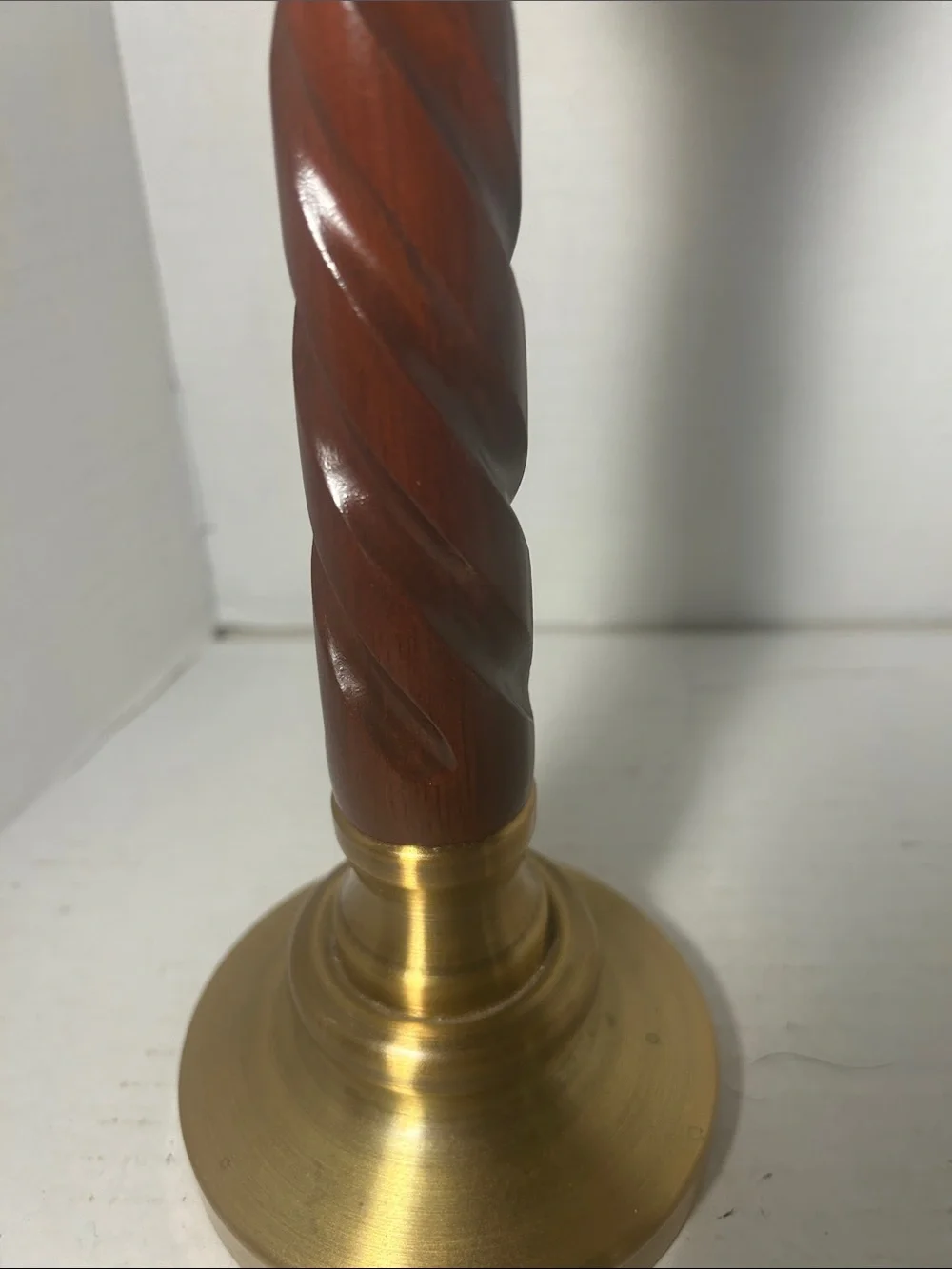 Brass and Wood Spiral Candlestick Holder - Gold and Brown